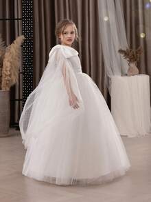 少女白色单肩薄纱蝴蝶结优雅圣诞派对礼服，公主裙，适合女孩生日礼物、派对、婚礼花童、伴娘、感恩节、毕业典礼等场合。 - 白色 - 查看 6