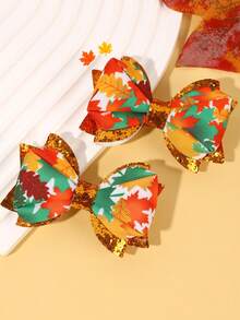 2pcs Thanksgiving Maple Leaf Printed Hair Bows For Women Girls Gold Glitter Bow Alligator Clips Maple Leaf Hair Clips Sparkly Holiday Barrettes Thanksgiving Gift Hairpins Women Hair Accessories, Claw Clips, Hair Claws, Hair Slide, Hair Barrettes