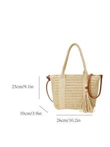 Geantă de umăr tip paie, casual, la modă, de culoare solidă, cu capacitate mare, pentru femei, cu pandantiv decorativ tip ciucure, tip crossbody, pentru vacanță și plajă