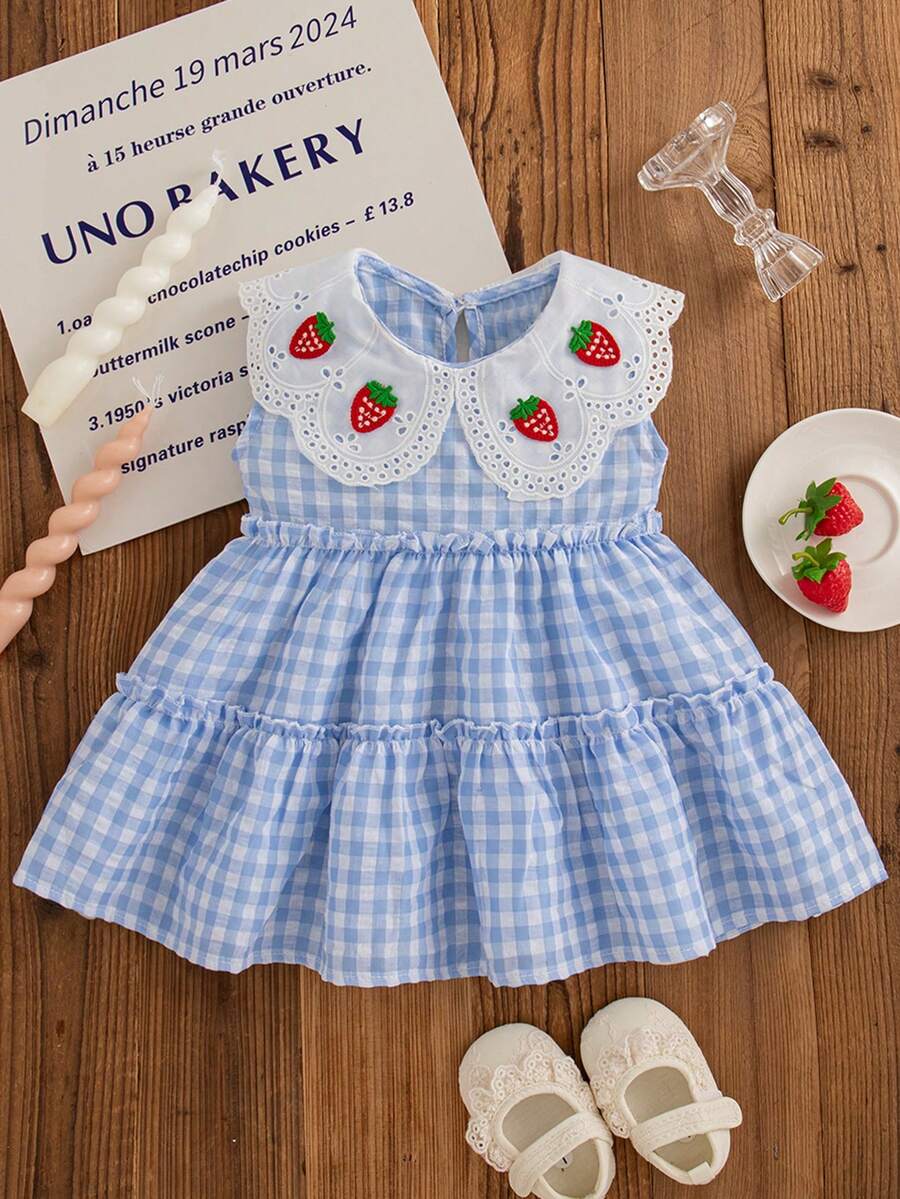 夏季女婴草莓荷叶边领格子无袖连衣裙，适合小女孩的可爱休闲连衣裙 - 藍色 - 查看 1