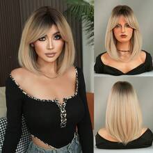 7JHH WIGS 16-Inch Linen Golden Brown Bobbed Wig With Gray Highlights - Shoulder-Length Straight Wig With Side Bangs - Dark Roots, Soft And Silky, Heat-Resistant Synthetic Fiber Material, Suitable For Women's Daily Wear, Ideal For Festivals, Music Events, Celebrations, Graduation And Mother's Day Gifts. - 亞麻金 - 查看 11