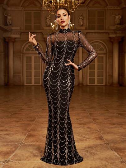 Missord Mock-Neck Paljett Mesh Balklänning Svart Elegant långärmad formell kvällsbröllopsgästklänning, för examen, festklänning