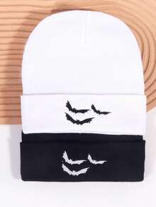 2pcs Knitted Hats With 3 Bat Embroidery Designs, Streetwear Style, Suitable For Couples, Outdoor, , Warm And Windproof For Autumn/Winter Autumn Accessories