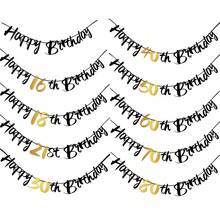 2件装黑色和金色16/18/21/30/40/50/60/70/80岁生日旗帜挂饰，周年纪念庆祝横幅，快乐派对用品 - 彩色 - 查看 5