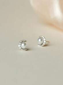 1pair Elegant & Delicate Faux Pearl Crescent Moon Stud Earrings - Antique Silver - View 2