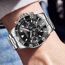 1 szt. GUANQIN Wodoodporny, świecący zegarek chronograf z kalendarzem i fazami księżyca, odporny na zużycie pasek ze stali nierdzewnej, modny, biznesowy, luksusowy, sportowy, klasyczny, prosty, codzienny, mechaniczny, męski, automatyczny zegarek kwarcowy, odpowiedni na Walentynki, festiwale, randki, biznes, na co dzień, prezenty