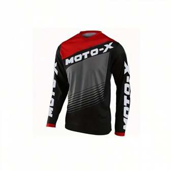 摩托车长袖越野摩托服 - 透气速干运动衫，黑色和红色拼色设计，加大码，适合越野和山地自行车，MOTO 越野装备