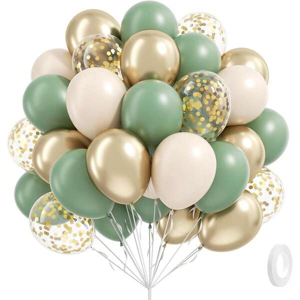 60pcs Sage Green Balloon Arch Kit, Includes Sage Green, Sand White, Metallic Gold Glitter Balloons, Suitable For Boho Birthday, Wedding, Bridal Shower, Baby Shower, Engagement Party Decor