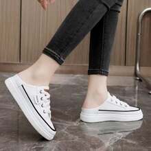 Little White Shoes Women's New Spring And Autumn Flat Student Semi-Slip-On Shoes Slip-On Korean Versatile Shoes Summer Breathable Casual Shoes Fashion Women's Sneakers Shoes That Can Be Worn In All Seasons - 白色 - 查看 4