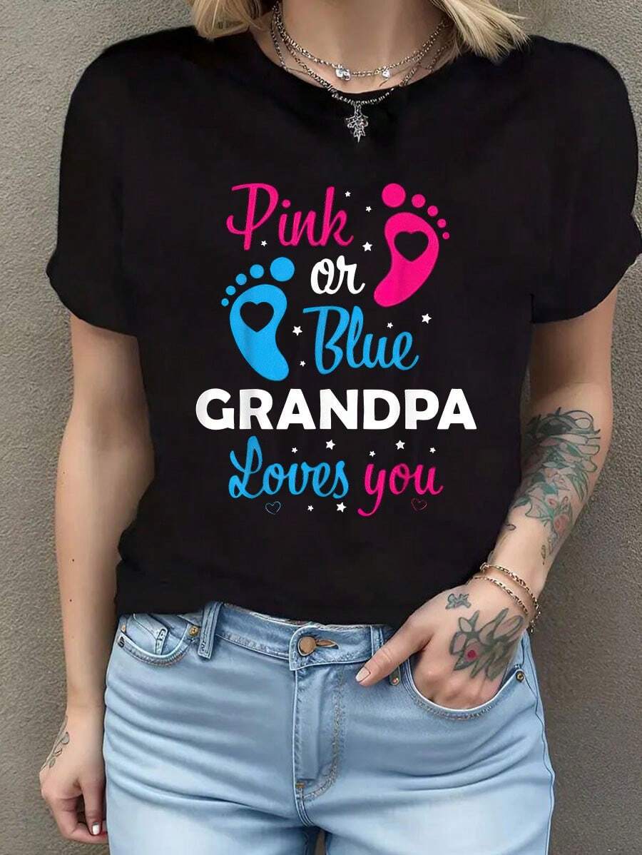 Camiseta de cuello redondo para mujer con revelación de género, para abuelos y familia. Camiseta de manga corta de algodón de 220 g, impresión por una cara - Negro - Ver 1