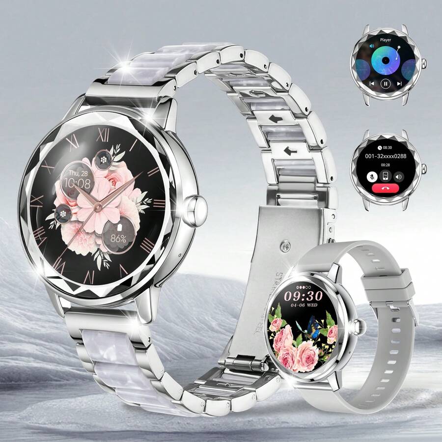 Smartwatch para mujeres, con función de llamadas/marcación inalámbrica, talla grande de 100 modos deportivos, monitoreo del sueño y gestión de funciones femeninas, viene con una correa de silicona y es compatible con Android e iOS. Es el regalo perfecto del Día de San Valentín para su ser querido. - Reloj con correa de acero plateado + correa de silicona. - Ver 1
