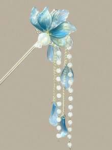 复古风蓝色花朵发夹，尽显高端质感；新款中式仿珍珠流苏摇曳发饰，女士发饰，发夹，头饰，发卡，发髻延长器，发髻制作器，发髻发片，发型设计发夹，发卡，发夹 - 彩色 - 查看 4