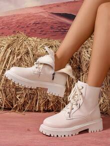 2025新款秋冬'女鞋'厚底大码学生鞋'时尚百搭休闲'女鞋'侧拉链'学生鞋'青少年中学生鞋'学生靴'休闲踝靴 - 白色 - 查看 2