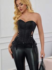 Top de forme de corset jacquard, bustier pour femme. Avec baleinage à l'avant, fermeture éclair à l'avant, ruban réglable à l'arrière, ruban croisé sur les côtés affinant et sexy. Convient pour les fêtes d'Halloween, les bals - Noir - Voir 1