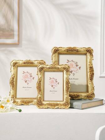 1pc European Style Rectangular Gold Rose Embossed Decorative Photo Frame, 3D Rose Pattern Photo Display Frame, Suitable For Home Photo Display And Photography Decor