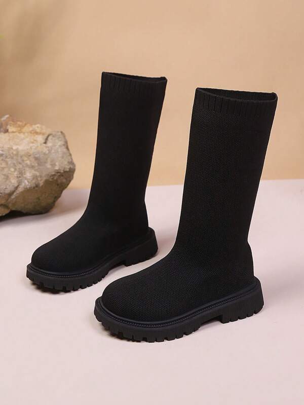 1 Pair Black Elastic Knit Toddler/Kids Leg Warmers, Round Toe Thick Sole Slip-On Design, Breathable Mid-Calf Boots, Suitable For 3-12 Years Old Boys/Girls, Casual Indoor/Outdoor Wear, Autumn/Winter