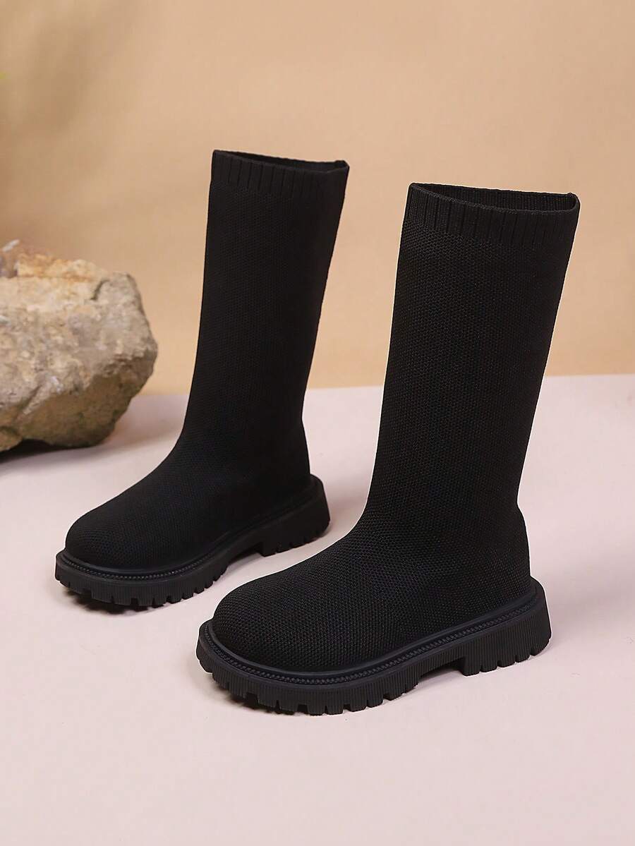1 Pair Black Elastic Knit Toddler/Kids Leg Warmers, Round Toe Thick Sole Slip-On Design, Breathable Mid-Calf Boots, Suitable For 3-12 Years Old Boys/Girls, Casual Indoor/Outdoor Wear, Autumn/Winter