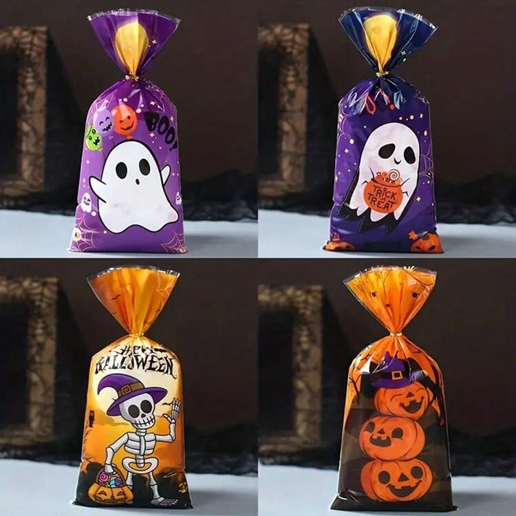50pcs Halloween Candy Bags With Black Cat, Ghost, Skull And Pumpkin Patterns, Party Favor Bags With Gold Twist Ties, Halloween Treats, Happy Halloween Gift Bags, Halloween Party Supplies, Halloween Home Decor - Multicolor - View 5