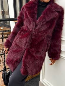 DEEKA 女士加大码仿皮草大衣，保暖宽松，欧美时尚冬季款 - 酒紅色 - 查看 5
