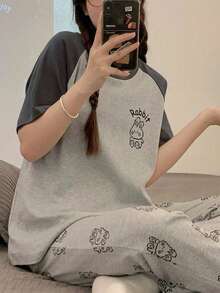 2-częściowy damski zestaw piżamowy z krótkim rękawem, miękki i wygodny strój domowy, dwuczęściowy zestaw - Szary - Zobacz 1