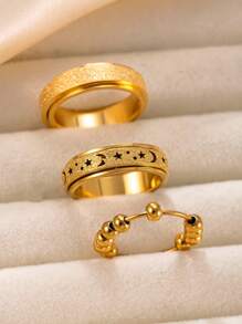 3pcs Fashionable Stainless Steel Rotatable Rings With Star & Moon/Silver Bead Design, Matching Daily Outfit Fidget Jewelry