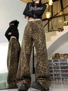 Vaqueros con estampado de leopardo para mujer, vaqueros holgados de cintura alta que combinan con todo, pantalones rectos y anchos - Marrón - Ver 4