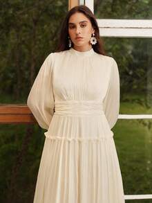 Anewsta Vestido formal de manga larga con manga abullonada distintiva, pliegues en la cintura y cuello alto, vestido de línea A para mujer de talla grande - Champán - Ver 7
