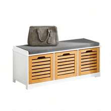 SoBuy FSR23 Modern Shoe Chest With Baskets (Grey) Bench Shoe Cabinet With Seat Cushion Toy Chest White With Grey - 白色+卡其色 - 查看 2