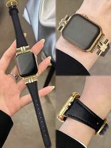 1 Young And Fashionable Women's Watch Strap, Black Leather, Soft And Comfortable, Ultra-Thin And Slender Women's Watch Strap Ultra3 2 1 SE S10 /S9 /S8 /S7 /S6/ S5/ S4/ S3 /S2/ S1 Series Global Hot New Product Golden Metal Decoration Black Leather Strap 38 Mm40mm42mm44mm45mm46mm49mm Compatible With Watch Band Smart Watches Accessories Wristwatch - Black - View 11