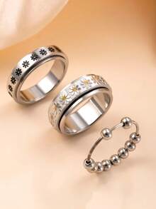 3pcs Fashionable Stainless Steel Rotatable Rings With Star & Moon/Silver Bead Design, Matching Daily Outfit Fidget Jewelry