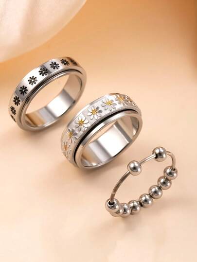 3pcs Fashionable Stainless Steel Rotatable Rings With Daisy/Silver Bead Design, Matching Daily Outfits, Fidget Jewelry