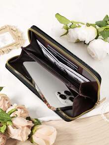 1 pieza Billetera larga personalizada con nombre y letras A-Z, Portacartas con diseño de firma personalizada, Billetera larga personalizada con nombre y letras A-Z, Portacartas personalizado con firma, Nueva billetera retro larga de mujer, Puede contener teléfono, bolsa de almacenamiento multifuncional, bolsa larga para tarjetas de mujer - Negro - Ver 5