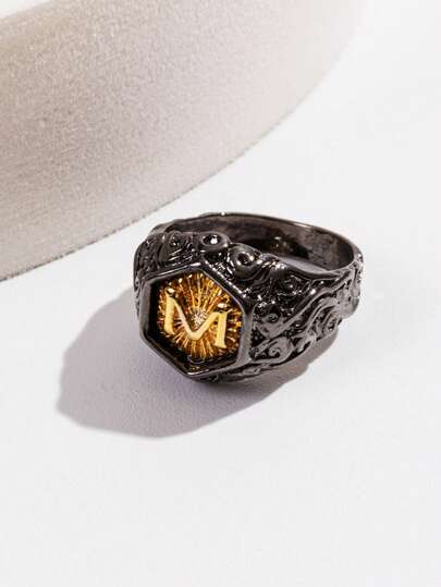 1 pieza Anillo de estilo punk de moda con letra M grabada en tono dual, adecuado para uso diario de hombres y mujeres, accesorio importante para eventos formales, regalo