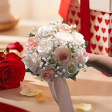 Wedding Bouquets Large For Bride Bridesmaid, Champagne Artificial Roses Flowers For Wedding Church Proposal Home Desk Center Decoration - Pink - View 1