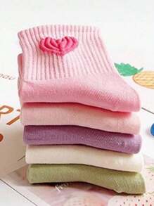 5双/10双装心形图案中筒女童袜，时尚百搭，保暖舒适，适合春秋季穿着