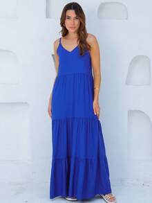 Women's Long Viscose Dress With Adjustable Straps - 寶藍色 - 查看 1