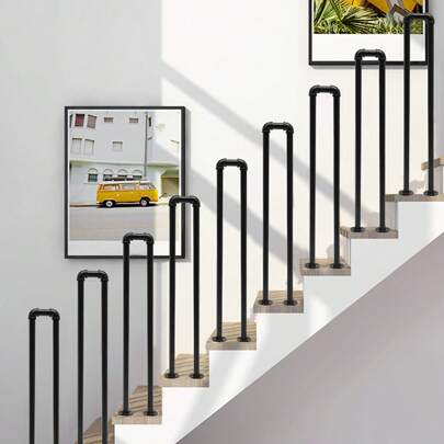 Industrial U-Shaped Steel Stair Handrail - Heavy Duty Galvanized Pipe Safety Railing, Rust-Proof & Easy Install, Black Retro Style For Indoor/Outdoor Use