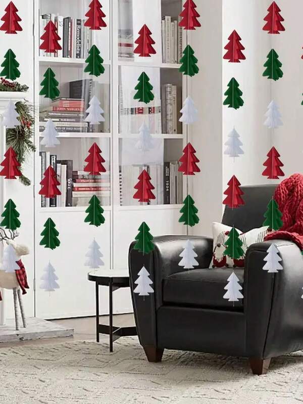 Red, White, And Green 3D Christmas Tree Paper Garland - Perfect For Home Indoor And Outdoor Hanging Christmas Day Decorations