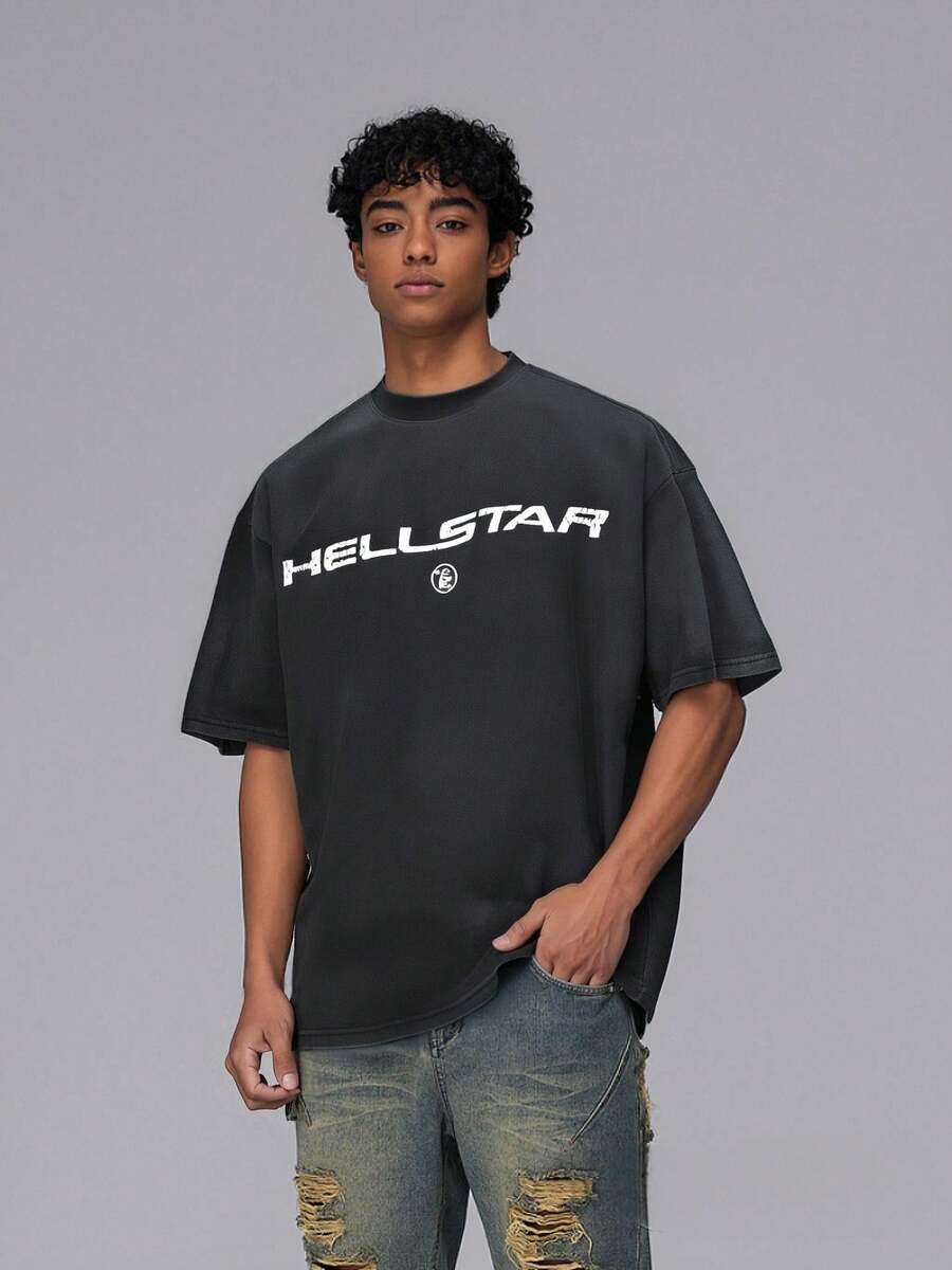 Unisex Star Graphic Letter Print T-Shirt - Casual Loose Fit Hip Hop Tee For Fashion-Forward Style And Versatility - Xám - Xem 1