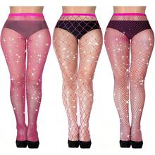 3 Pair Plus Size Fishnets Stockings Glitter Sparkly Tights High Waist Black Fishnet Pantyhose Women, Style NJXP - Màu Hồng Tươi - Xem 1