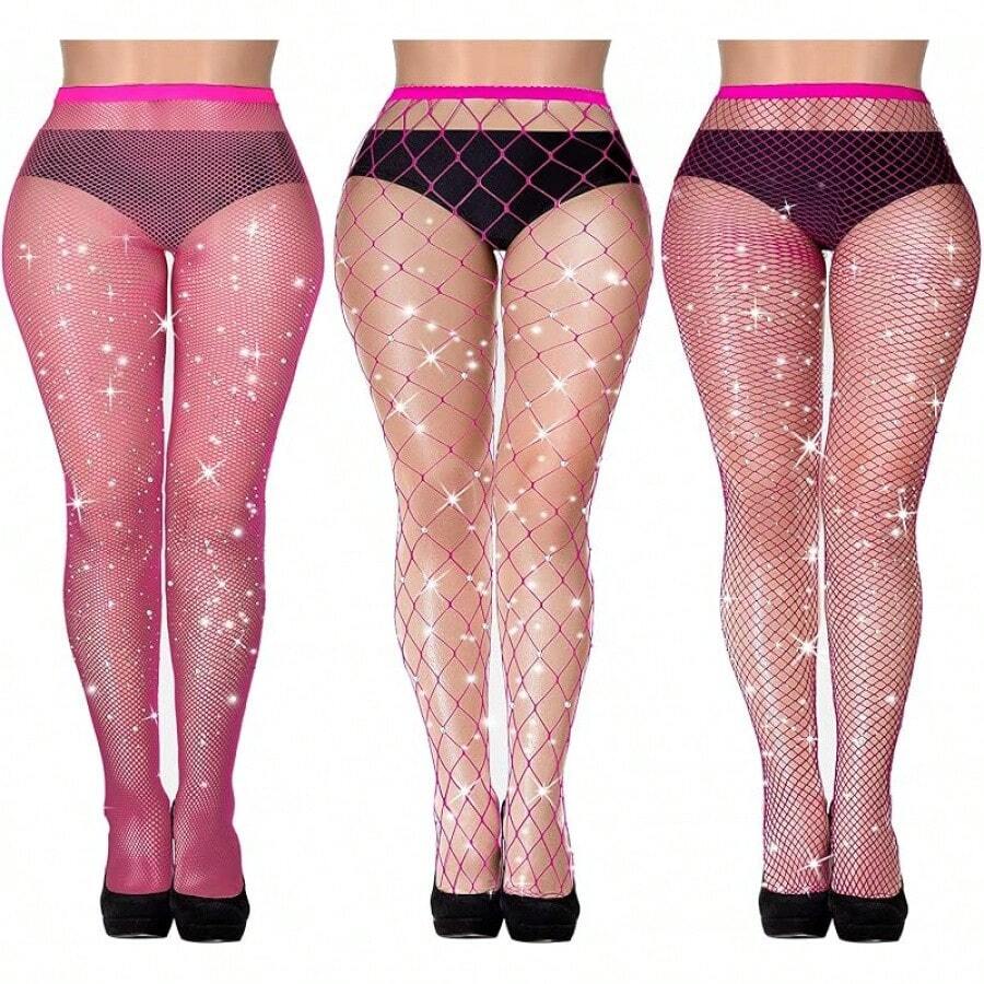 3 Pair Plus Size Fishnets Stockings Glitter Sparkly Tights High Waist Black Fishnet Pantyhose Women, Style NJXP - 玫紅色 - 查看 1