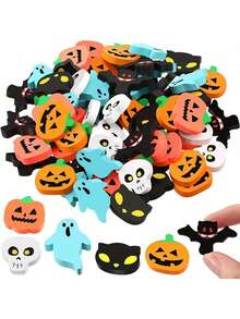 50/100 piezas de gomas de borrar mini de Halloween, gomas de borrar de lápiz con diseños de calabaza, fantasma y murciélago a granel para regalos, recompensas, bolsas de regalo de fiesta de Halloween, decoración de Halloween - Multicolor - Ver 1