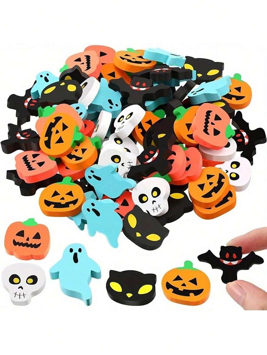 50/100 piezas de gomas de borrar mini de Halloween, gomas de borrar de lápiz con diseños de calabaza, fantasma y murciélago a granel para regalos, recompensas, bolsas de regalo de fiesta de Halloween, decoración de Halloween - Multicolor - Ver 1