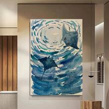 1pc, Abstract Watercolor Manta Ray Ocean Wall Art Canvas Print, Modern Marine Life Decor For Living Room, Tranquil Coastal Theme Underwater Artwork, Blue Aquatic Animal Home Decoration - 彩色 - 查看 2