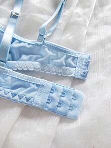 Style Dream 女士性感内衣，蓝色网纱，超薄，花卉拼接，刺绣，模压，甜美，两件套：文胸+丁字裤，清爽浅蓝色 - 藍色 - 查看 6