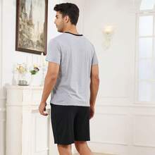 ¡RecomendadoPijama para Hombre Conjunto de Pijama de Algodon Pijama Manga Corta y Pantalones Cortos, Cuello en V Ropa de Dormir Hombre, Pijamas de Dos Piezas, Casual y Cómoda¡Top de Temporada - Negro - Ver 3