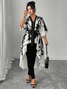 Áo sơ mi công sở thanh lịch, cỡ lớn, in hoa, cổ chữ V, ngắn phía trước, dài phía sau, thích hợp cho mùa hè. - Đen và trắng - Xem 4