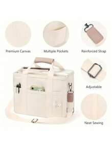 1 件大容量多口袋单肩包带隔层手提包耐用手柄米色多隔层手提包，多隔层妈咪包大容量外出帆布包手提包斜挎包手提包多隔层包 - 米色 - 查看 3