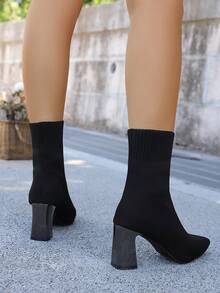 Women's Fashionable, Comfortable, Elegant Elastic Slim Chunky Heel Ankle Boots, Suitable For Spring, Autumn And Winter - Black - View 5