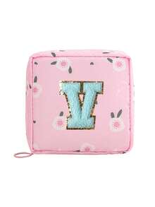 1pc Pink A-Z Embroidered Sanitary Pad Pouch - Large Capacity, Waterproof, Cartoon Pattern - Essential For Women's Periods! Waterproof Cosmetic Bag, Coin Purse - Multicolor - View 15